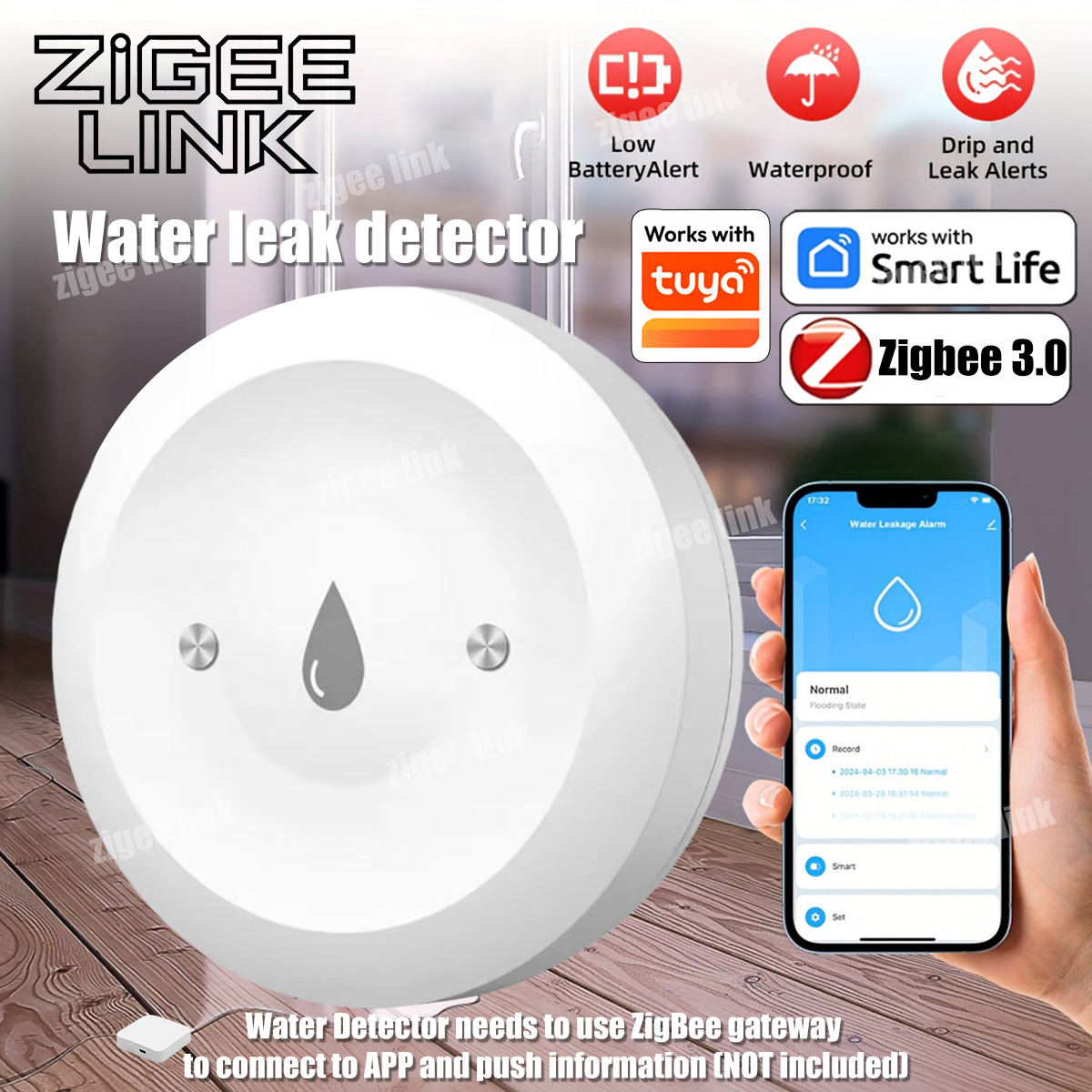Water Alarm Sensor - Sensore d'Acqua ZigBee 3.0, Rilevatore Intelligente